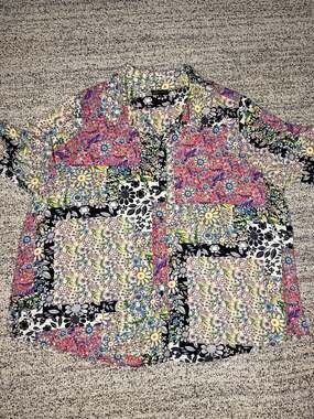 Jones New York Multi-Color Floral Patchwork Button-Down Blouse Size 2X Spring